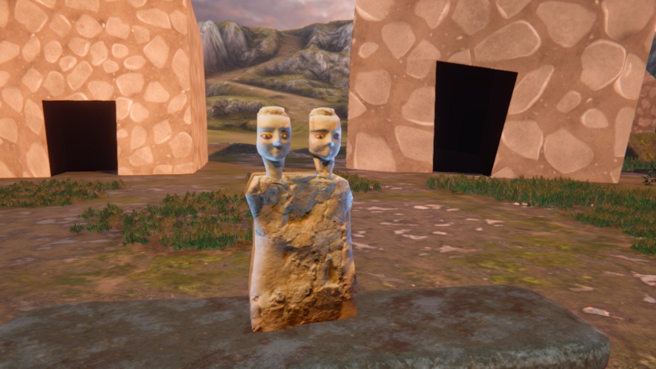 The finished two-headed statue in the Neolithic village